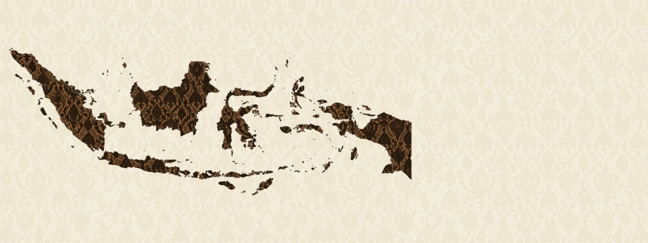 Map of the Indonesian archipelago rendered in batik, with Jakarta marked