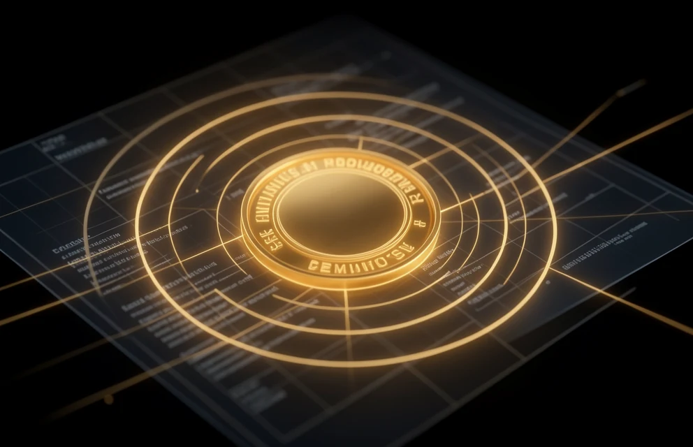 An official seal and structured document grid rendered in gold light