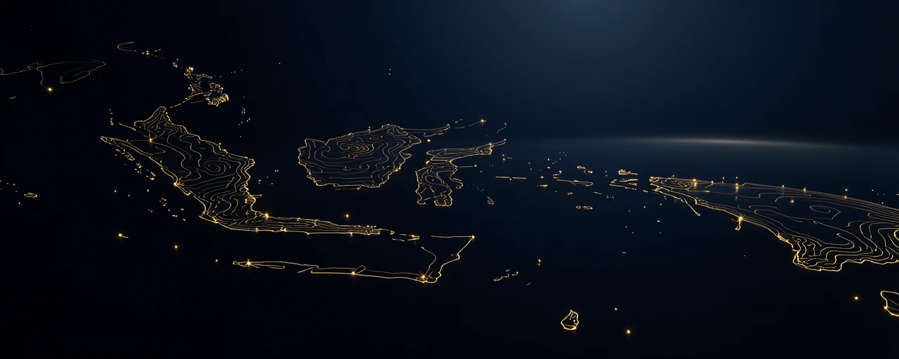 The Indonesian archipelago rendered as a luminous network within NKRI jurisdiction